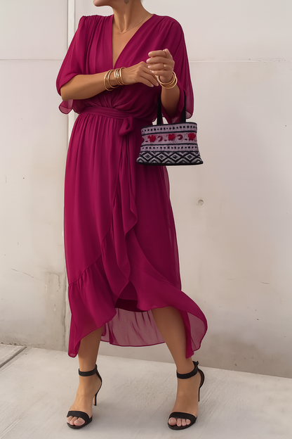 Robe Midi Élégante Femme Portefeuille – Col V en Chiffon avec Ourlet Asymétrique