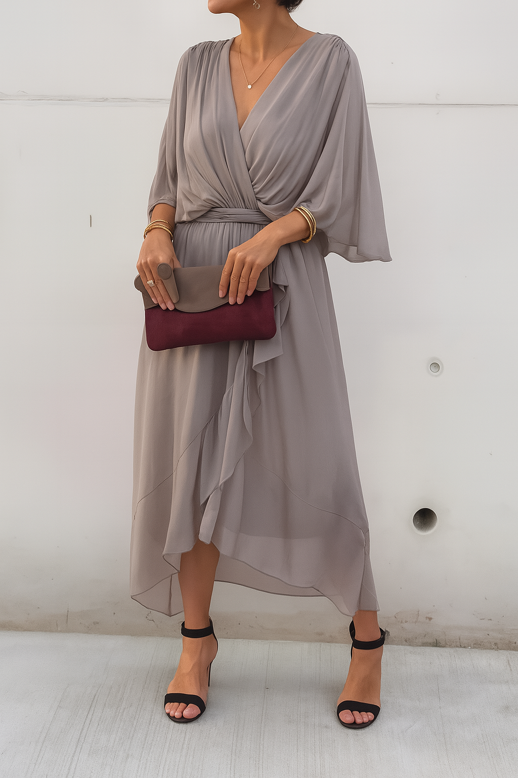 Robe Midi Élégante Femme Portefeuille – Col V en Chiffon avec Ourlet Asymétrique