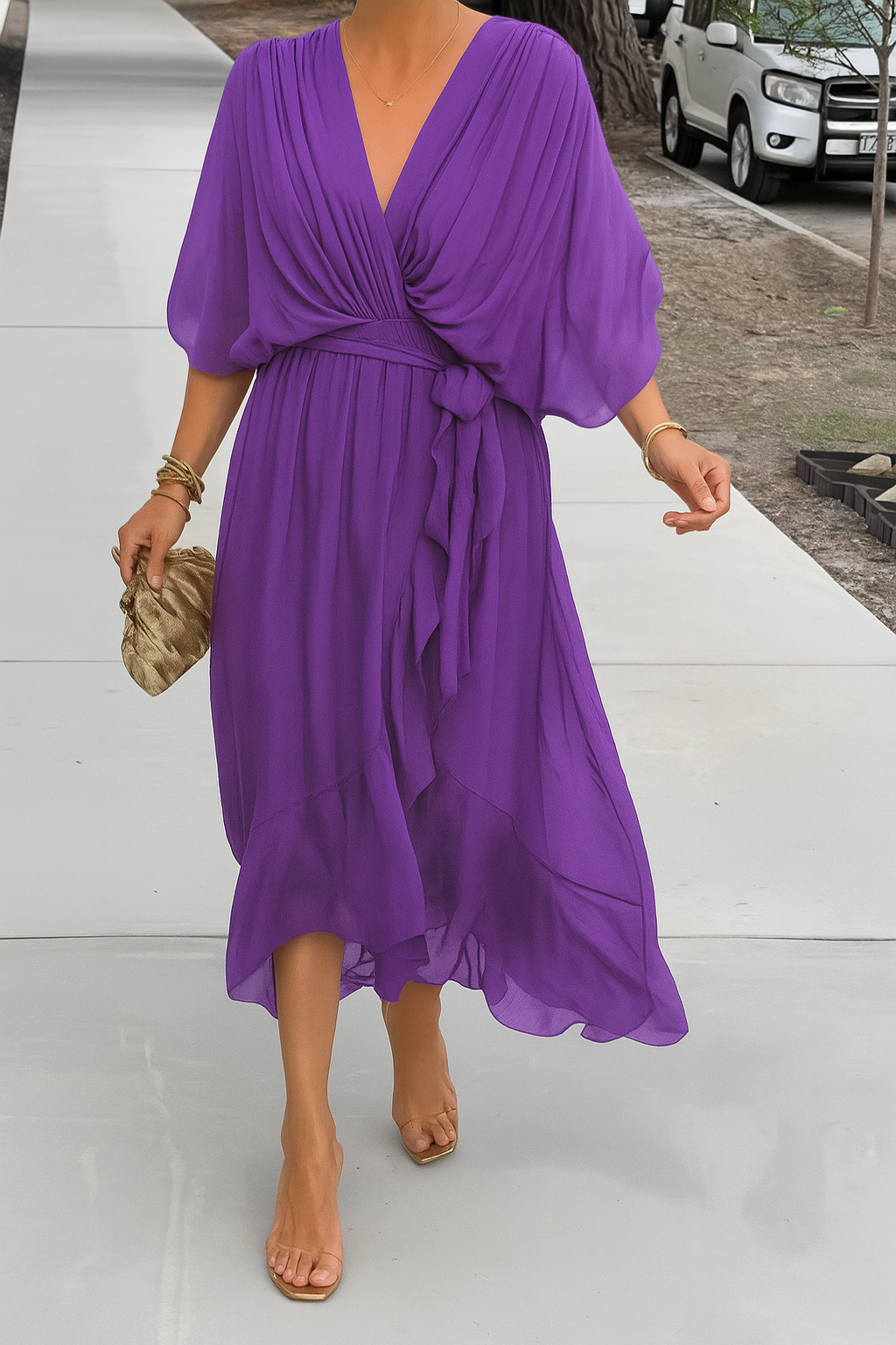Robe Midi Élégante Femme Portefeuille – Col V en Chiffon avec Ourlet Asymétrique