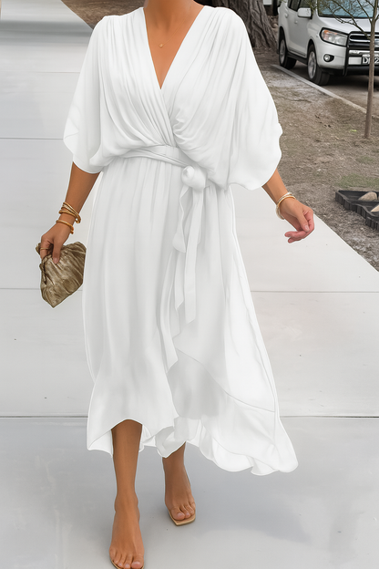 Robe Midi Élégante Femme Portefeuille – Col V en Chiffon avec Ourlet Asymétrique