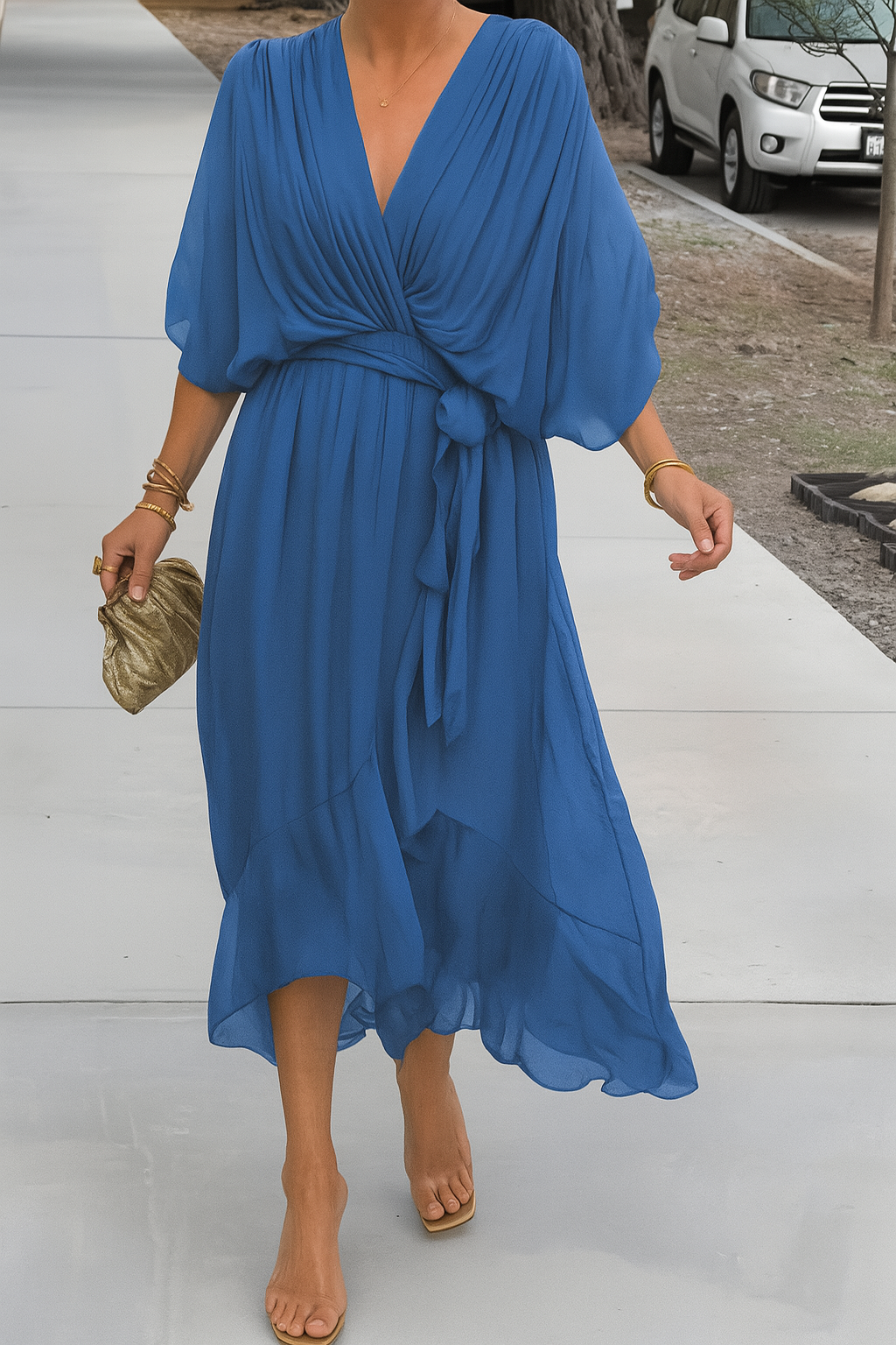 Robe Midi Élégante Femme Portefeuille – Col V en Chiffon avec Ourlet Asymétrique