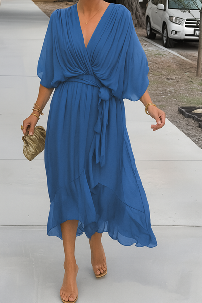 Robe Midi Élégante Femme Portefeuille – Col V en Chiffon avec Ourlet Asymétrique