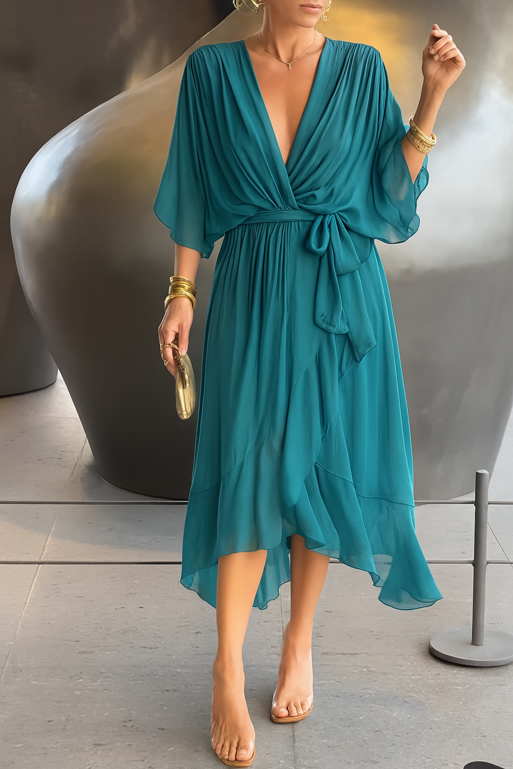 Robe Midi Élégante Femme Portefeuille – Col V en Chiffon avec Ourlet Asymétrique