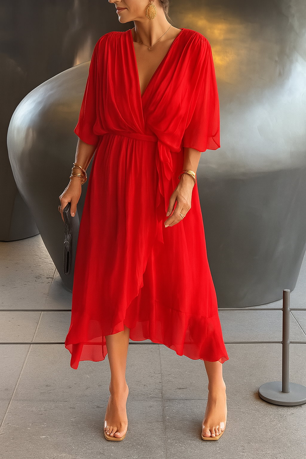 Robe Midi Élégante Femme Portefeuille – Col V en Chiffon avec Ourlet Asymétrique