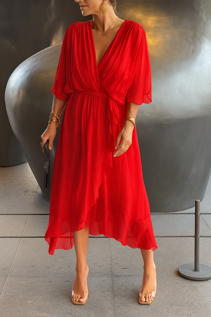 Robe Midi Élégante Femme Portefeuille – Col V en Chiffon avec Ourlet Asymétrique