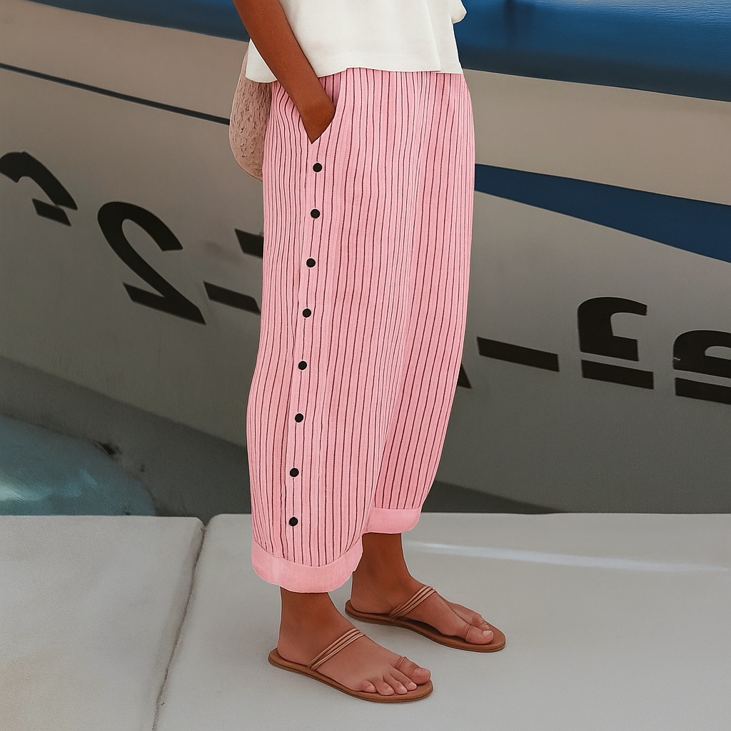 Pantalón de mujer a rayas con botones en contraste - Chic y fluido