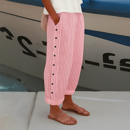Pantalón de mujer a rayas con botones en contraste - Chic y fluido