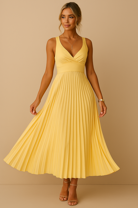 Robe longue élégante sans manches à col en V flatteur femmes – Robe de soirée légère plissée avec dos nu pour événements formels