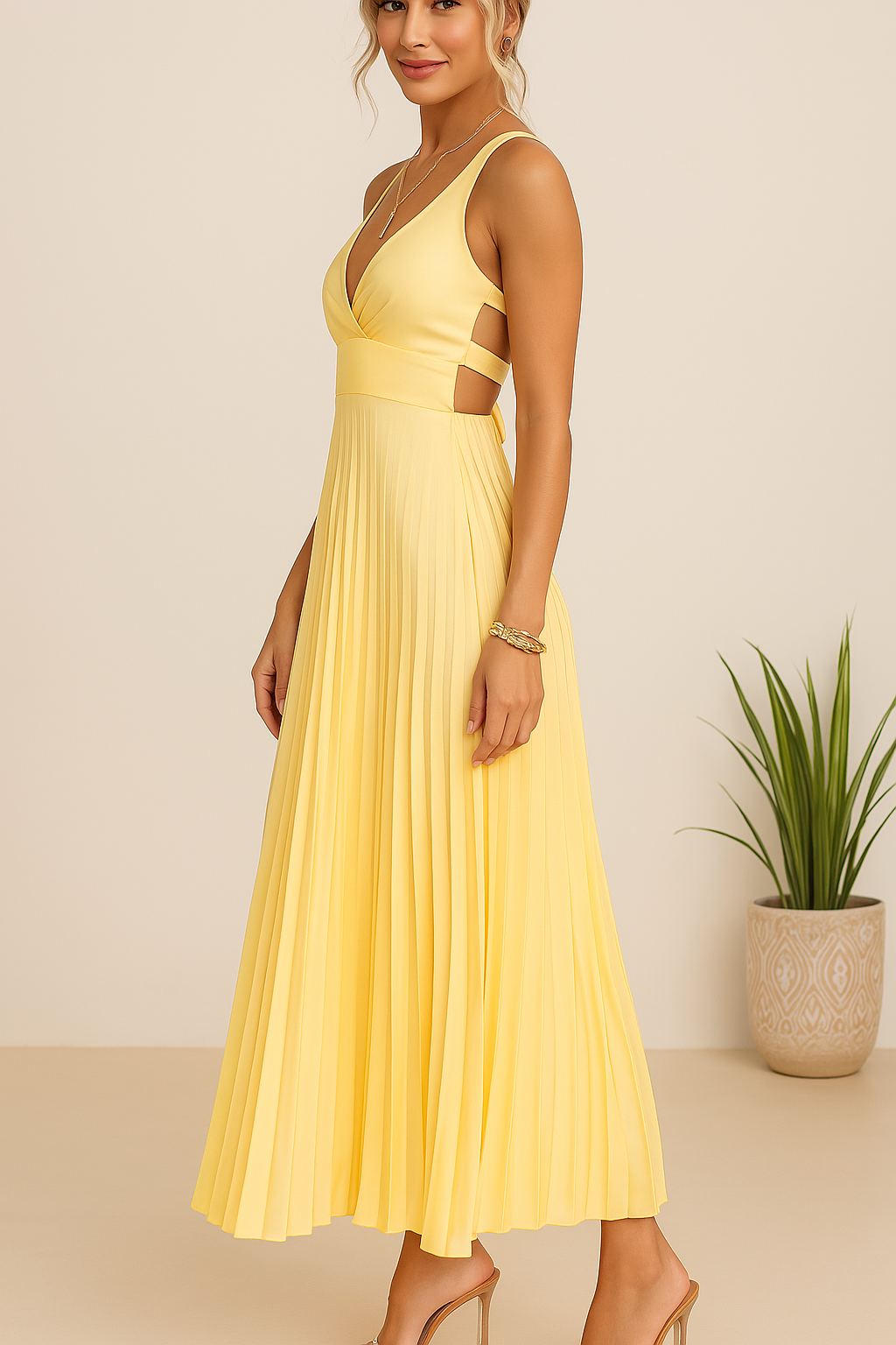 Robe longue élégante sans manches à col en V flatteur femmes – Robe de soirée légère plissée avec dos nu pour événements formels