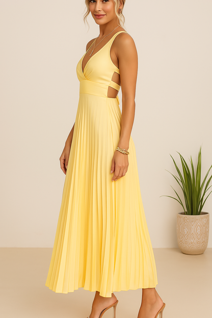 Robe longue élégante sans manches à col en V flatteur femmes – Robe de soirée légère plissée avec dos nu pour événements formels