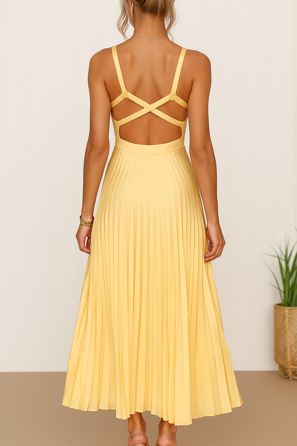 Robe longue élégante sans manches à col en V flatteur femmes – Robe de soirée légère plissée avec dos nu pour événements formels