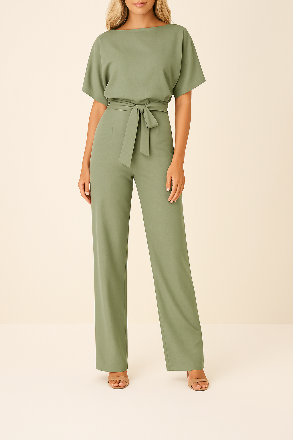 Combinaison Ceinturée Élégante pour Femme – Col Rond Manches Courtes Pantalon Large