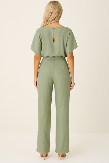 Combinaison Ceinturée Élégante pour Femme – Col Rond Manches Courtes Pantalon Large