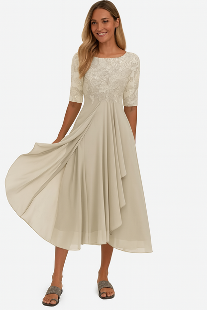 Robe Élégante Femme à Manches Courtes – Chiffon et Dentelle A-Line Midi