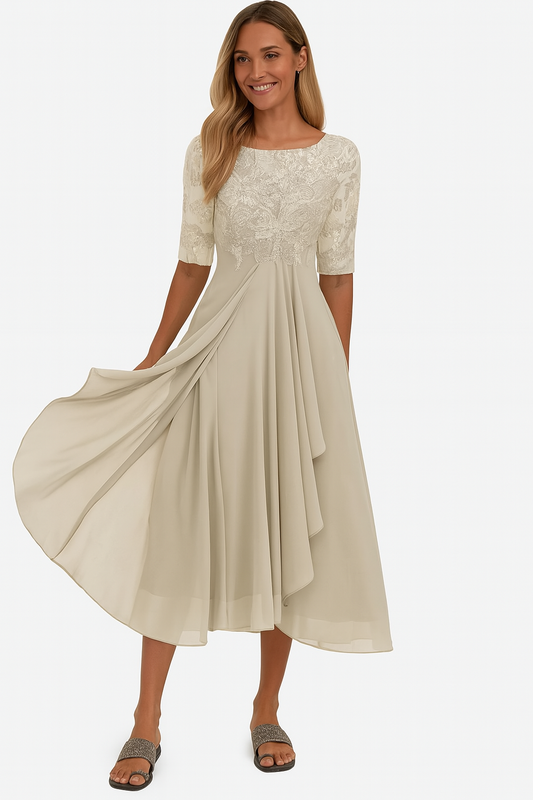 Elegant Short-Sleeved Dress for Women – Chiffon and Lace A-Line Mid-Length