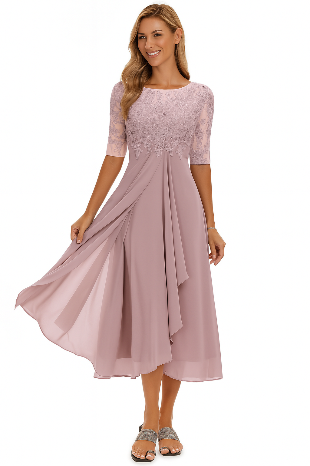 Robe Élégante Femme à Manches Courtes – Chiffon et Dentelle A-Line Midi