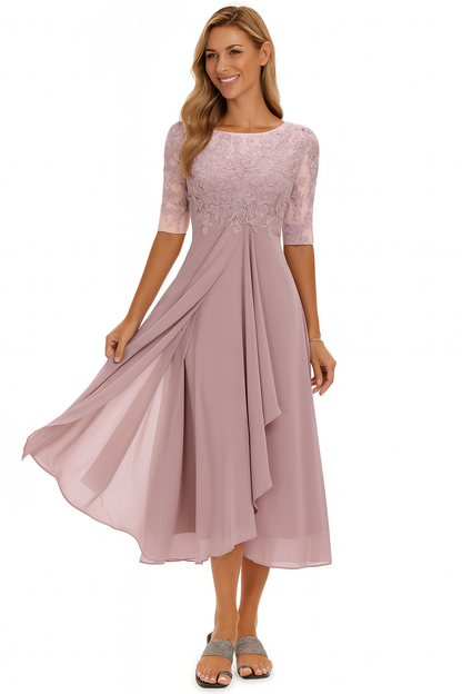 Robe Élégante Femme à Manches Courtes – Chiffon et Dentelle A-Line Midi
