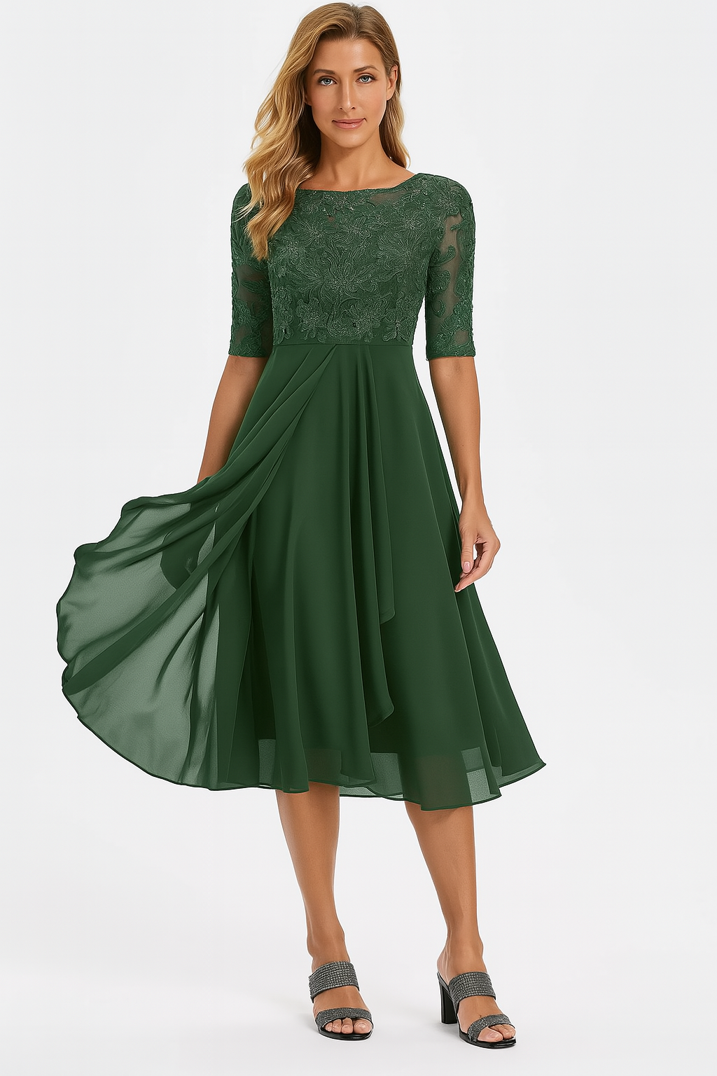 Robe Élégante Femme à Manches Courtes – Chiffon et Dentelle A-Line Midi