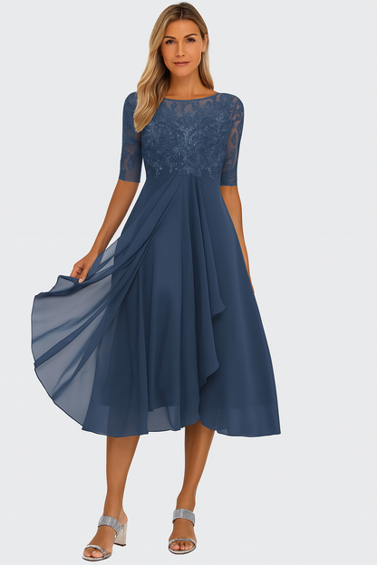 Robe Élégante Femme à Manches Courtes – Chiffon et Dentelle A-Line Midi