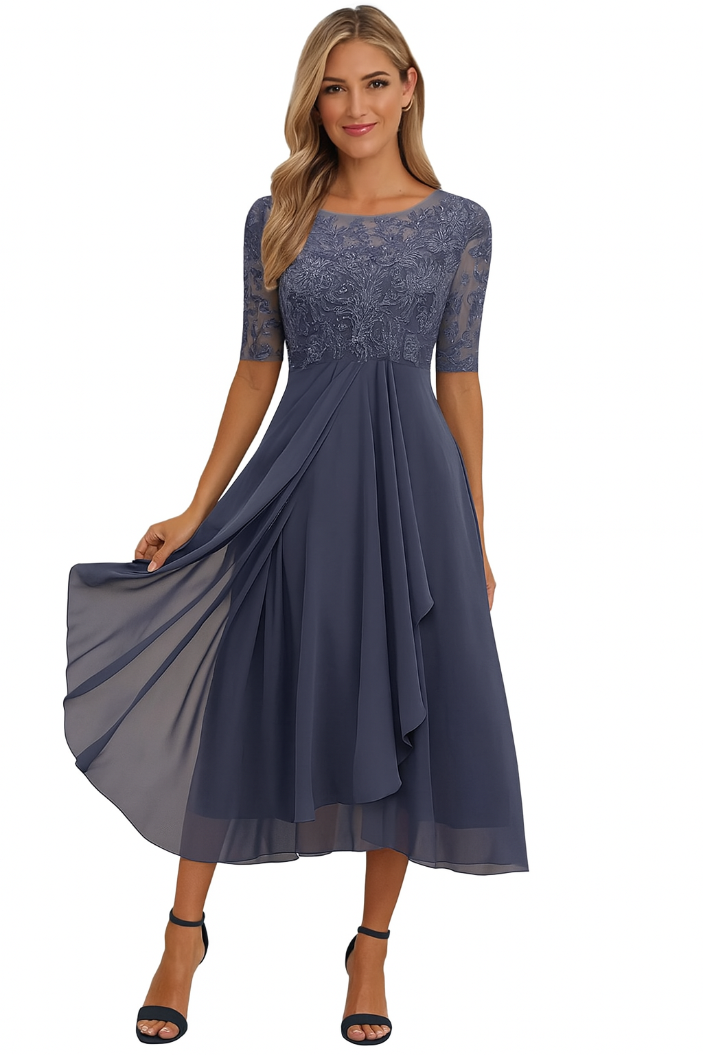 Robe Élégante Femme à Manches Courtes – Chiffon et Dentelle A-Line Midi