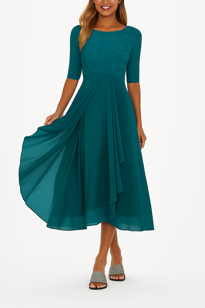Robe Élégante Femme à Manches Courtes – Chiffon et Dentelle A-Line Midi