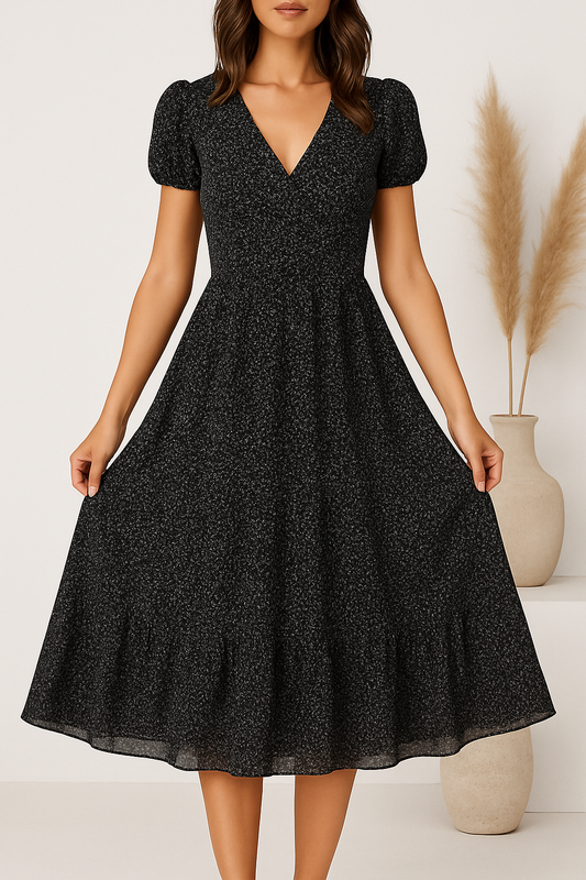 Robe Midi Évasée Élégante Femme – Manches Courtes Col V Style
