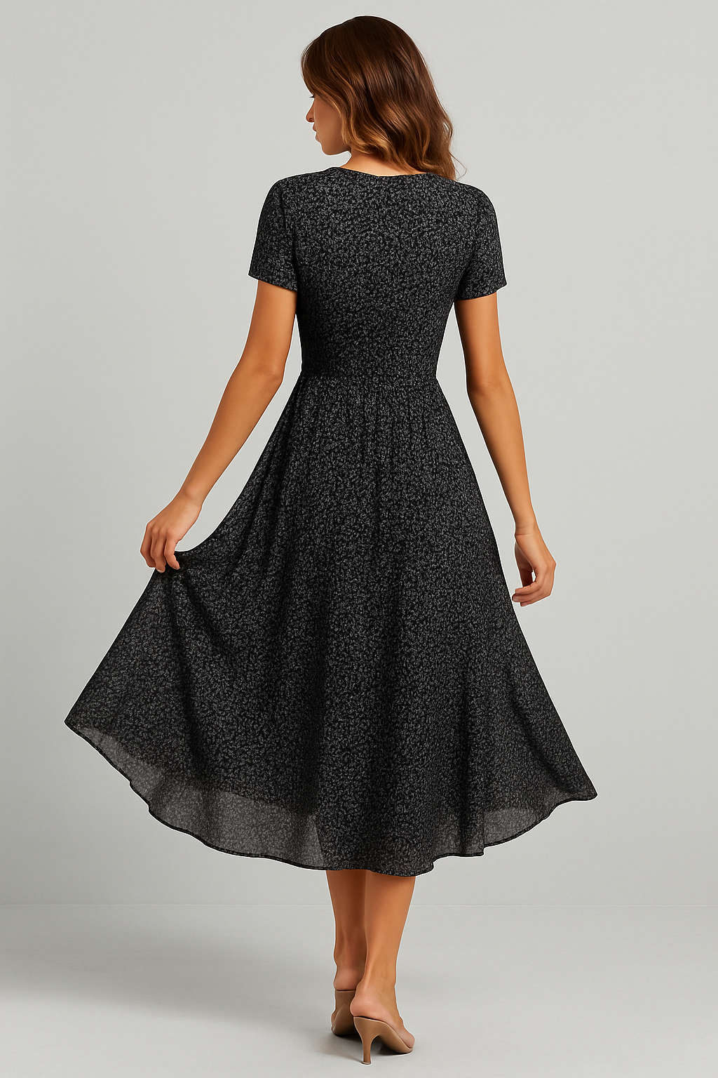 Robe Midi Évasée Élégante Femme – Manches Courtes Col V Style