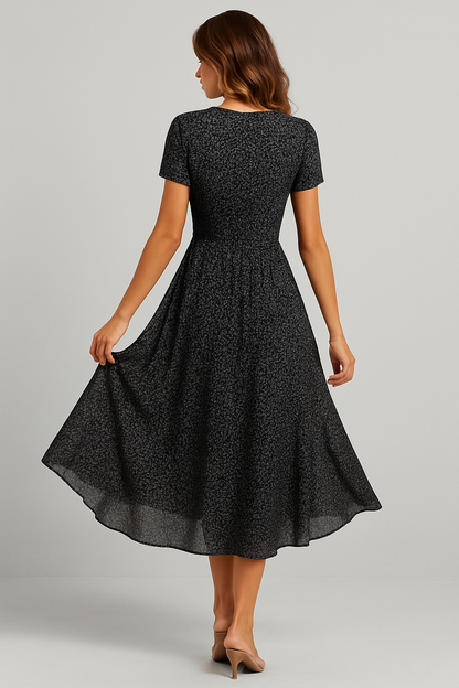 Robe Midi Évasée Élégante Femme – Manches Courtes Col V Style
