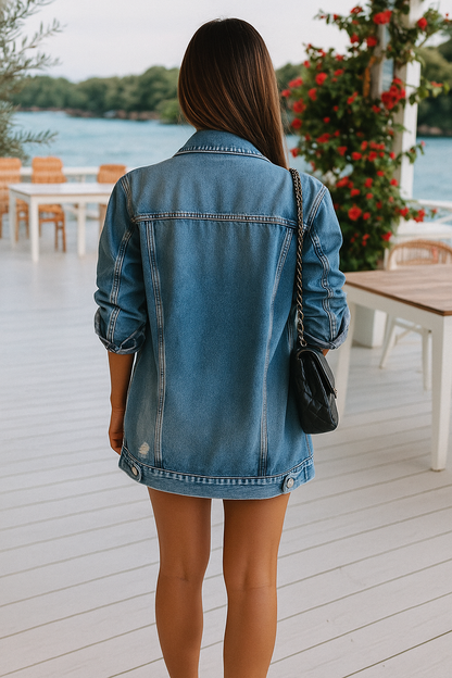 Femme Élégante Bleue Oversized Denim Veste – Vêtements d'extérieur Décontracté Vintage