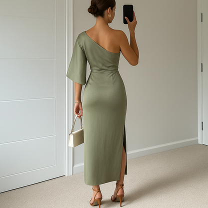 Abito lungo asimmetrico donna con una spalla e spacco valorizzante - Elegante e raffinato
