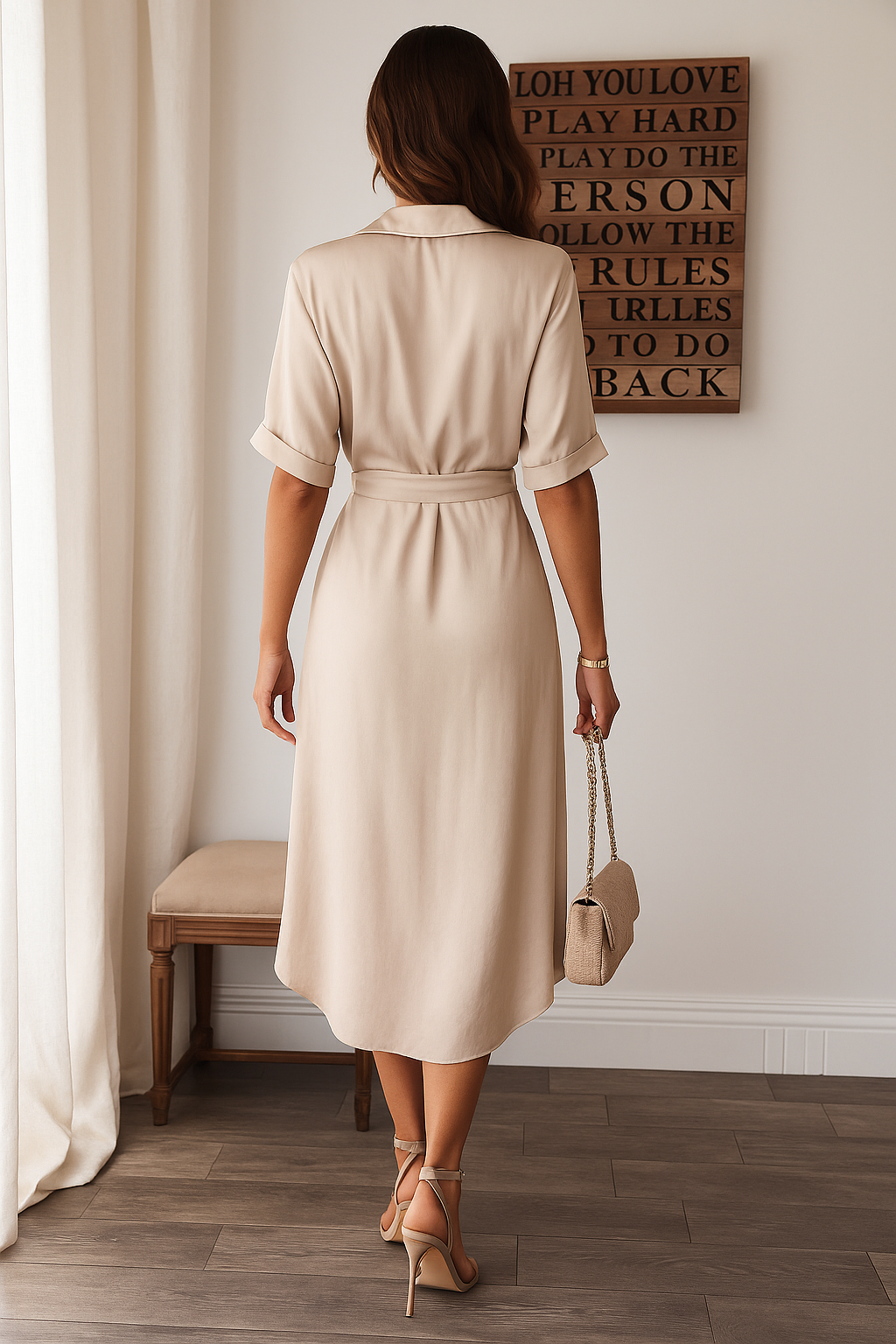 Robe Midi Satinée Femme Boutonnée Col V – Détail Taille Froncée Manches Longues