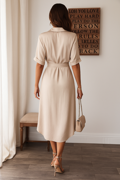 Robe Midi Satinée Femme Boutonnée Col V – Détail Taille Froncée Manches Longues