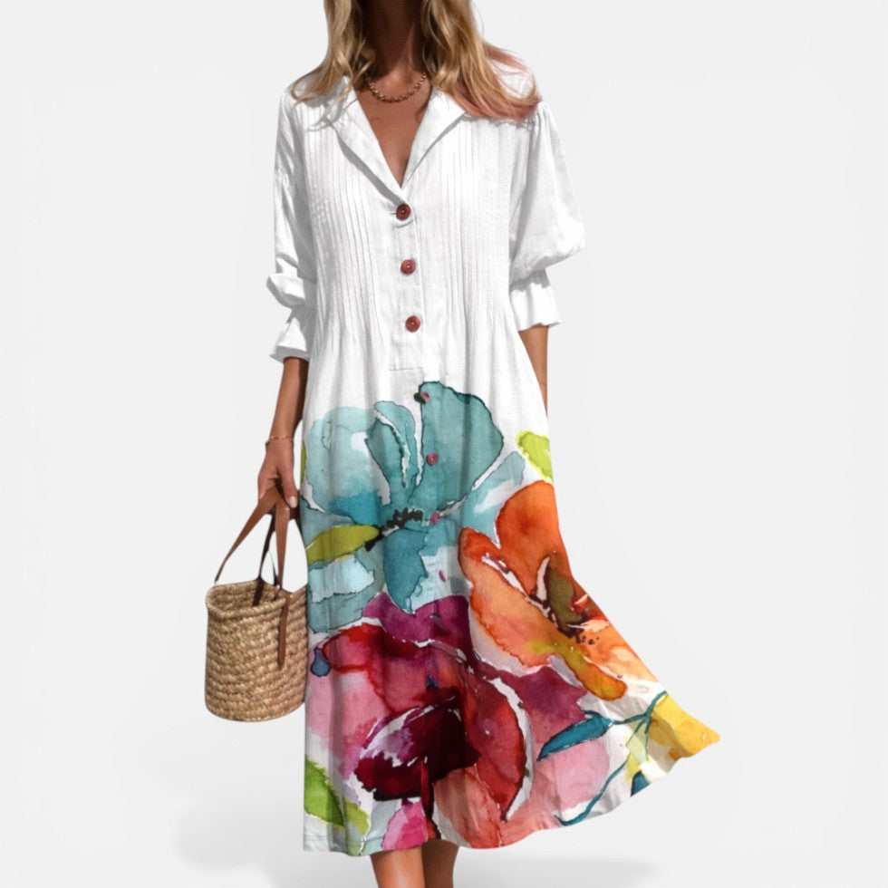 Robe chemise femme imprimée – Robe ample boutonnée au style décontracté estival