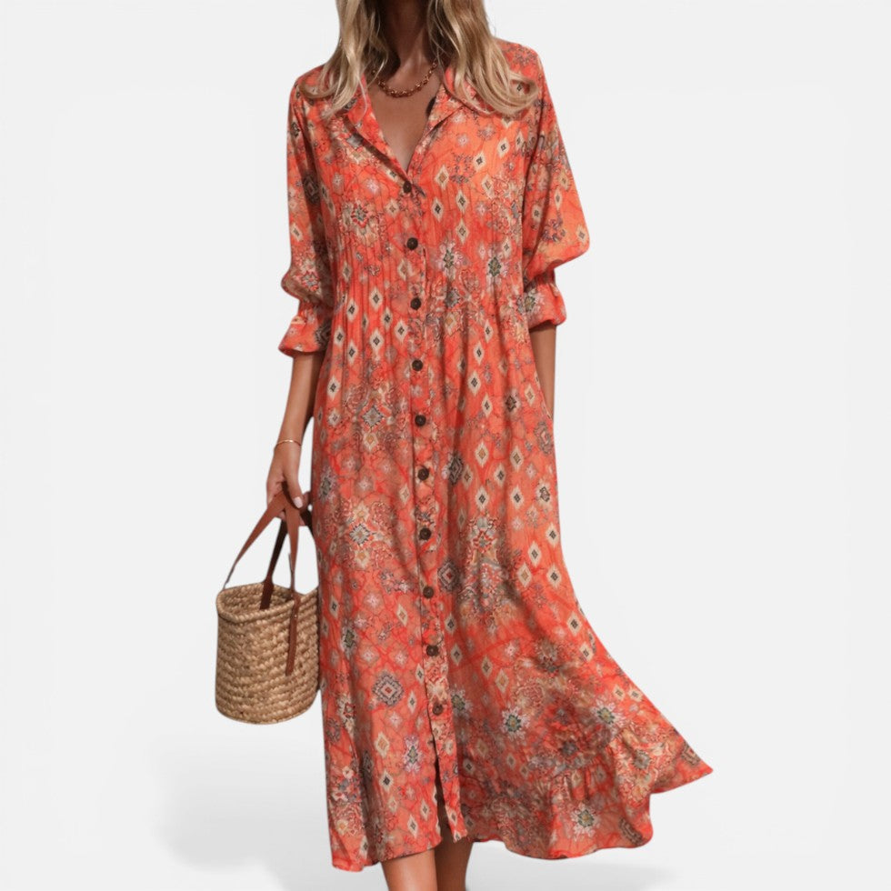 Robe chemise femme imprimée – Robe ample boutonnée au style décontracté estival