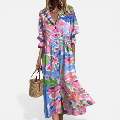 Robe chemise femme imprimée – Robe ample boutonnée au style décontracté estival