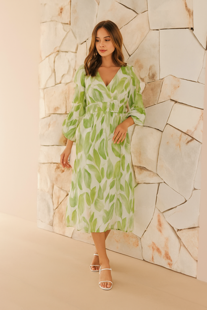 Robe Midi Élégante à Imprimé Feuilles Femme – Légère, Polyvalente, Féminine