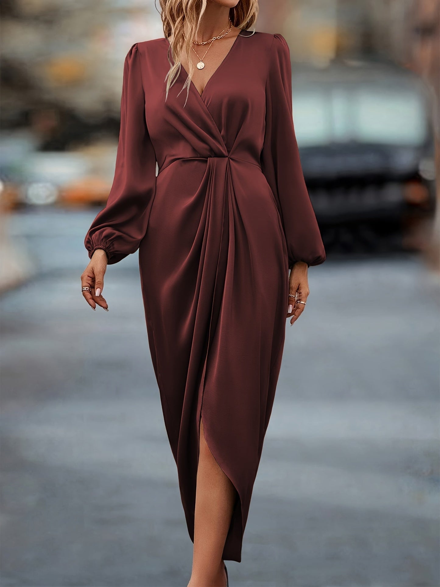 Robe midi portefeuille à manches longues pour femme – Style chic et décontracté