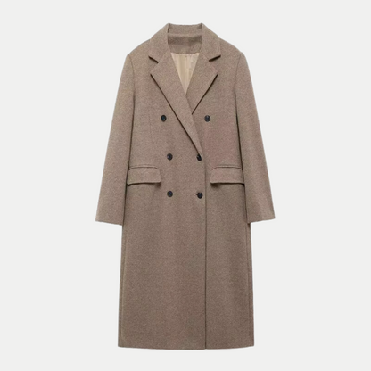 Manteau long croisé sophistiqué en laine taupe pour femme