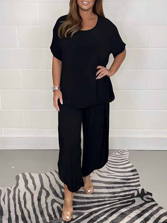Elegant Two-Piece Set for Women – Short-Sleeved Top and Loose Casual Trousers