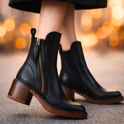 Bottines femme en cuir à talon – Bottes cheville élégantes avec semelle intérieure rembourrée et zip métallique