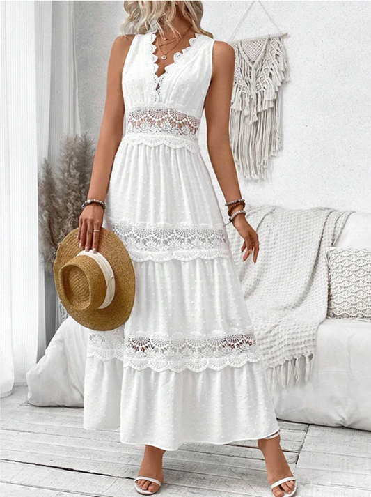 Robe longue blanche en dentelle pour femme – Légère, élégante, flatteuse, l’été