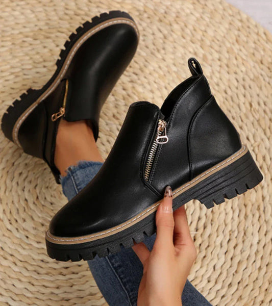 Bottines Confort Femme – Bout Rond avec Plateforme et Fermeture Zippée