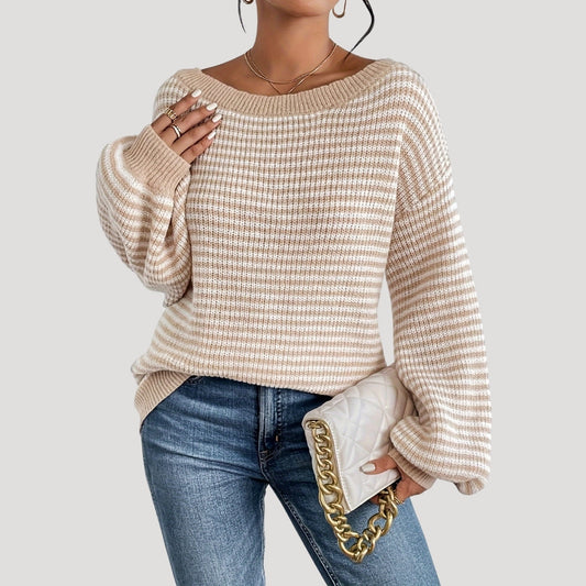 Pull Femme Élégant à Rayures et Col Bateau – Maille Oversize