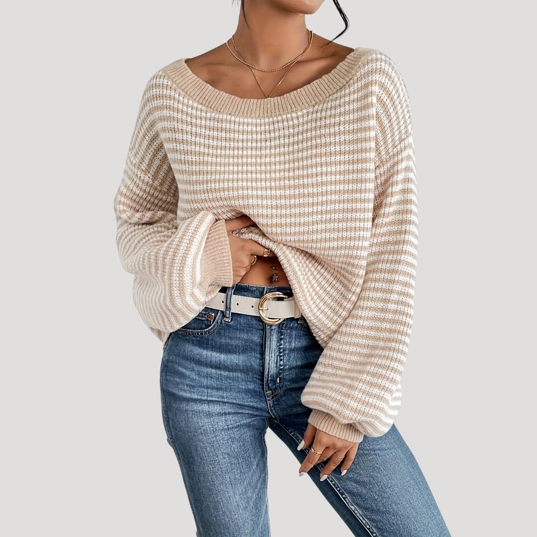 Pull Femme Élégant à Rayures et Col Bateau – Maille Oversize