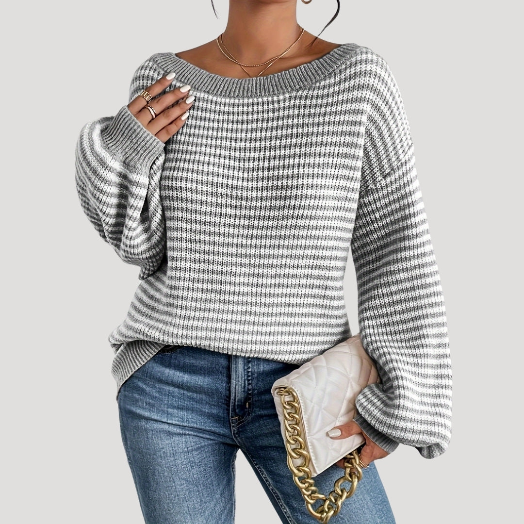 Pull Femme Élégant à Rayures et Col Bateau – Maille Oversize
