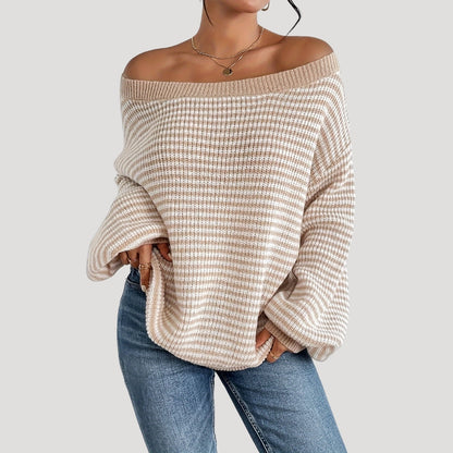 Pull Femme Élégant à Rayures et Col Bateau – Maille Oversize