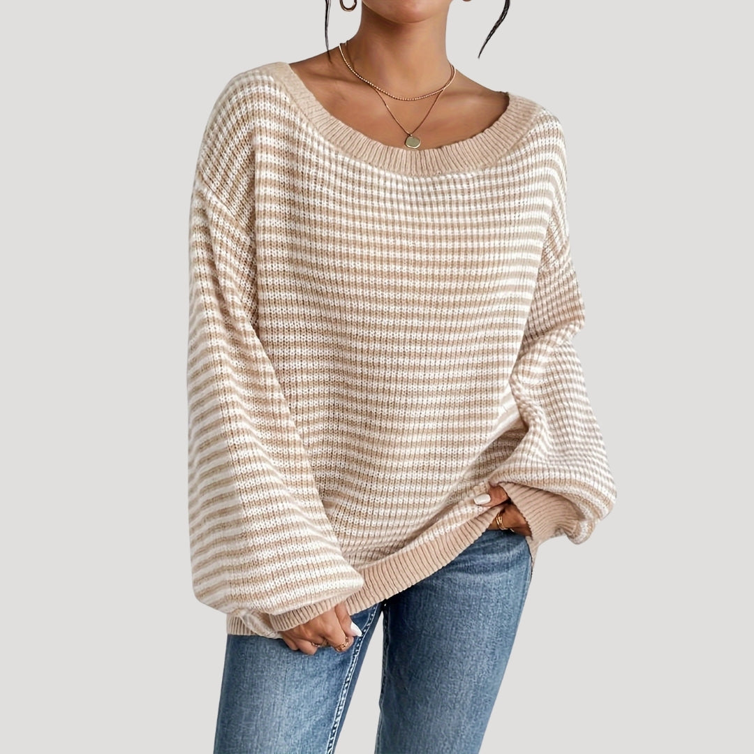 Pull Femme Élégant à Rayures et Col Bateau – Maille Oversize