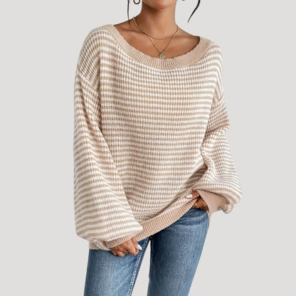Pull Femme Élégant à Rayures et Col Bateau – Maille Oversize