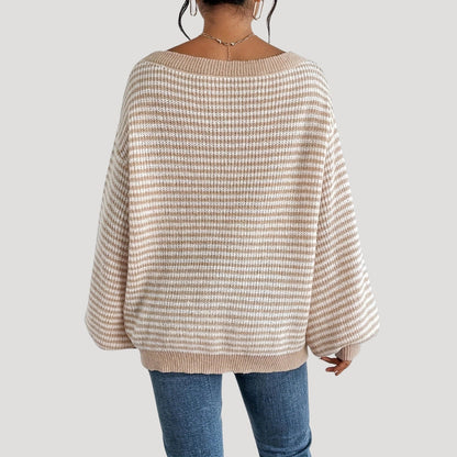 Pull Femme Élégant à Rayures et Col Bateau – Maille Oversize