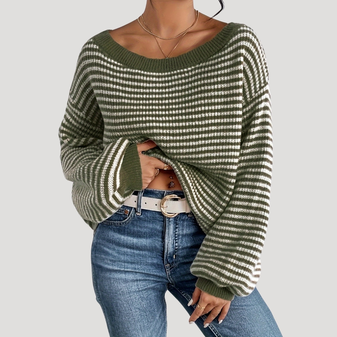 Pull Femme Élégant à Rayures et Col Bateau – Maille Oversize